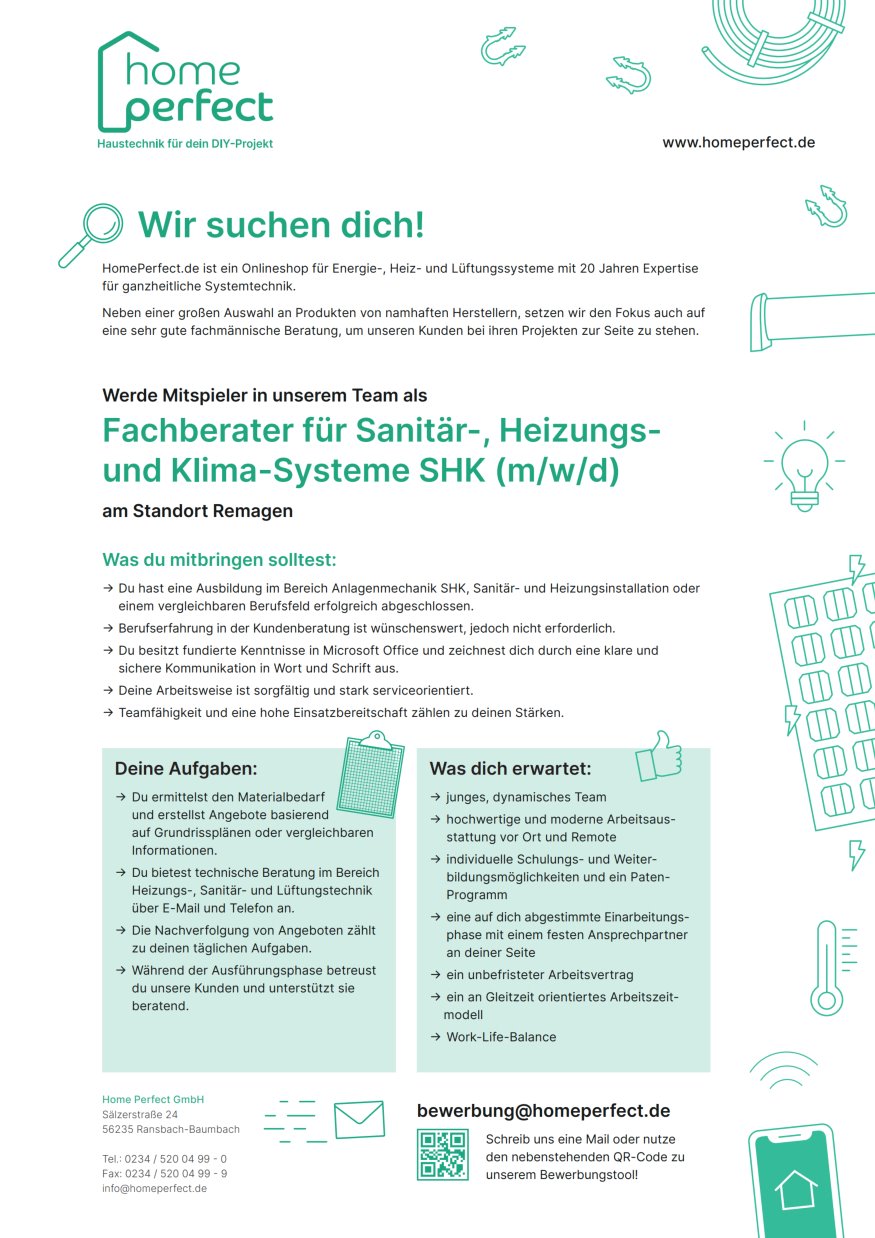 Fachberater für Sanitär-, Heizungsund Klima-Systeme SHK (m/w/d)